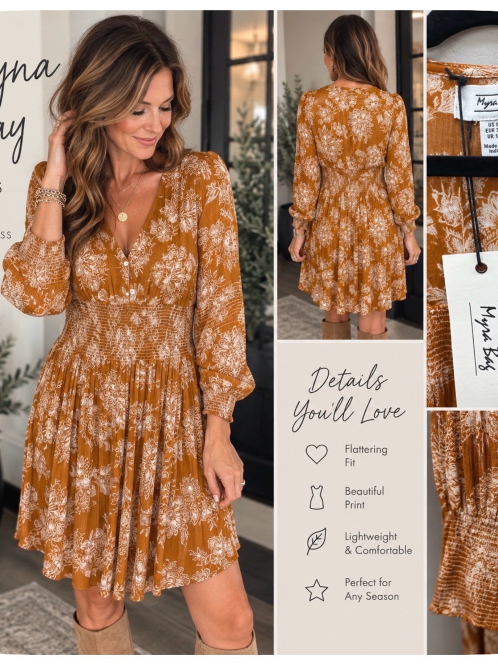 Myra Bag Mustard Floral Smocked Mini Dress